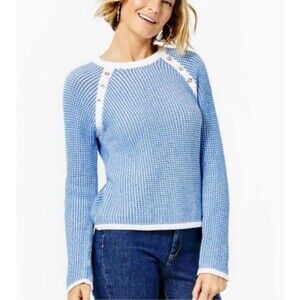 Lilly Pulitzer Blue White Costella Waffle Knit Crew Neck Sweater Size Large